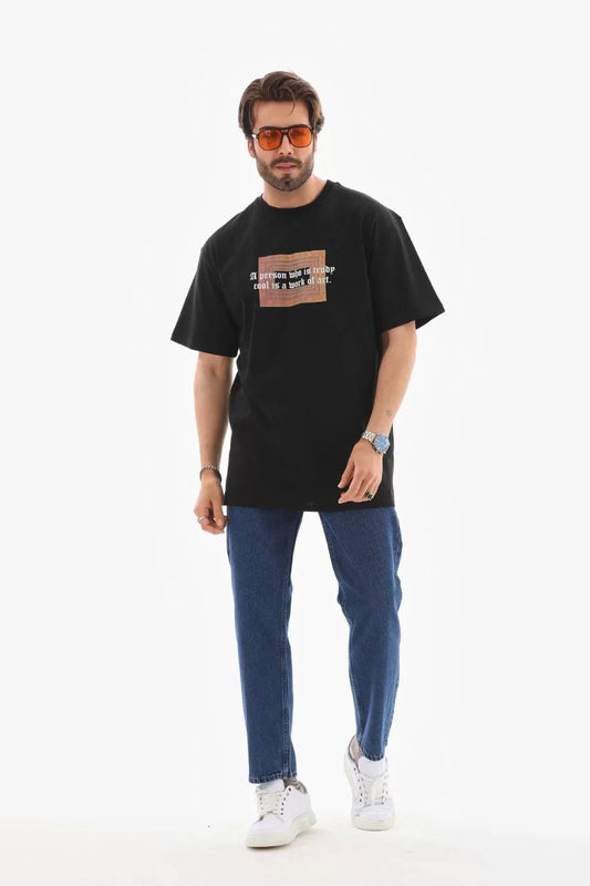 Unisex Bisiklet Yaka Baskılı Oversize T-Shirt - Siyah