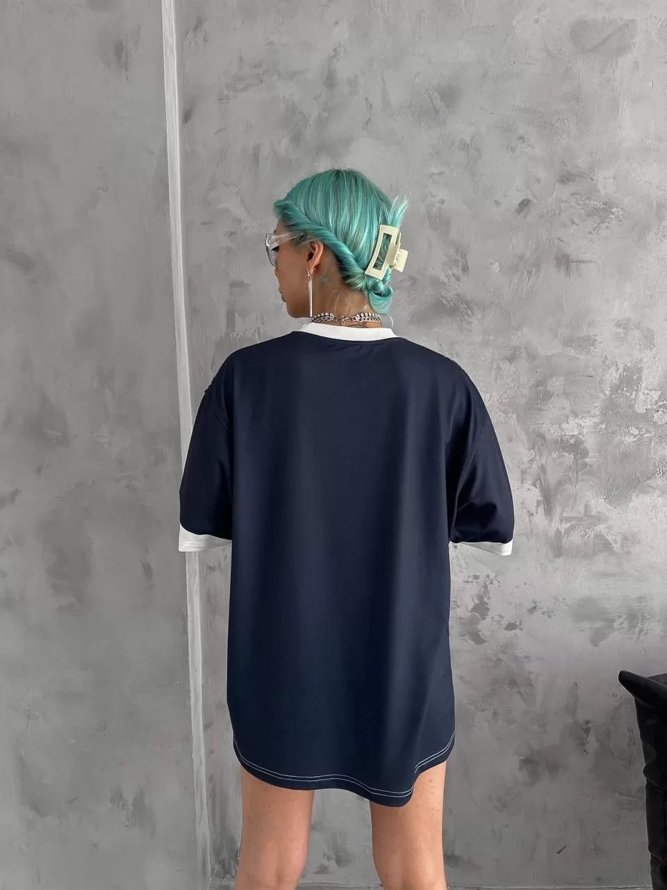 Unisex Bisiklet Yaka Baskılı Oversize T-Shirt - Siyah