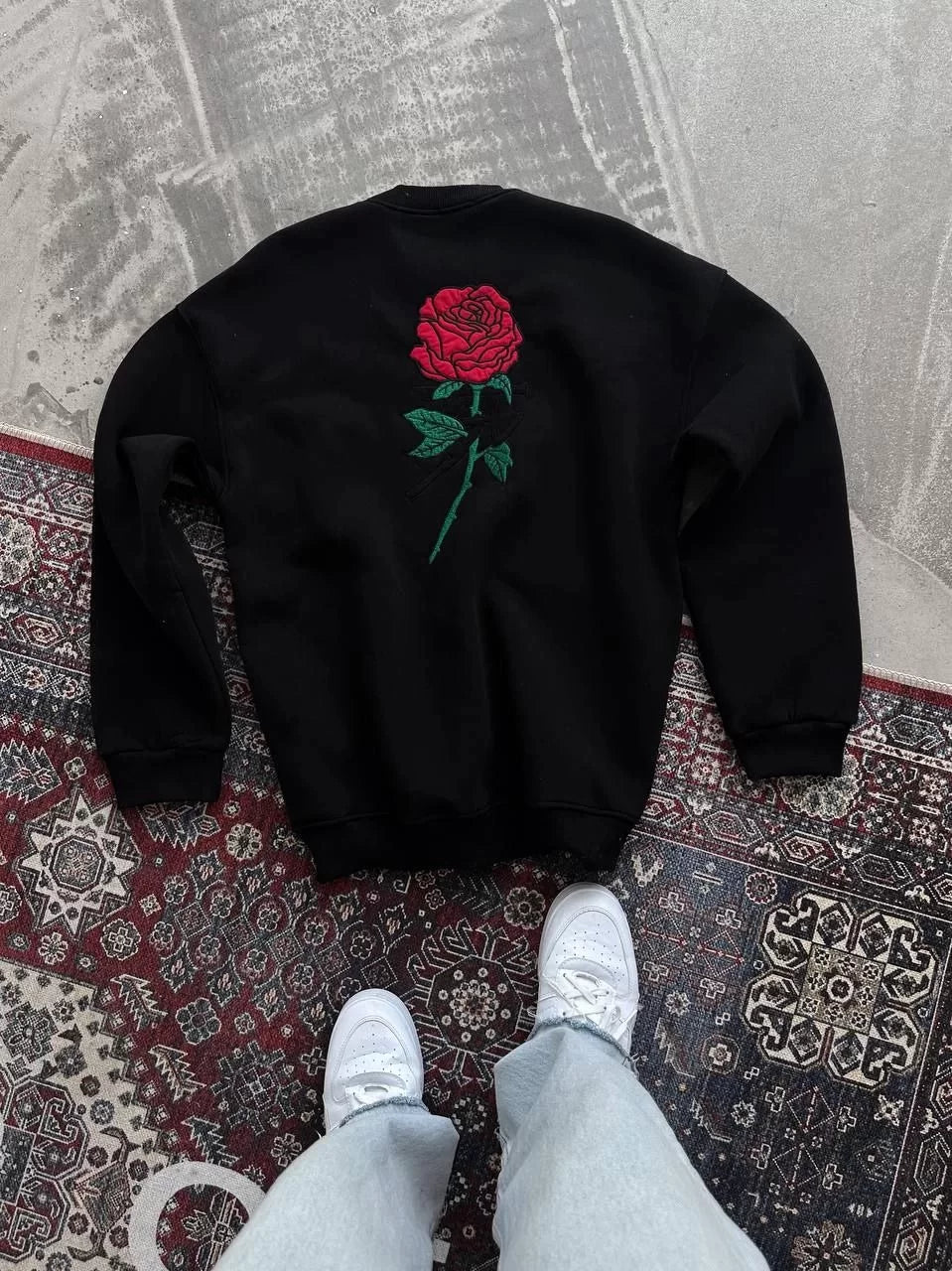 Unisex Bisiklet Yaka Ön Ve Arka Baskılı SweatShirt - Siyah