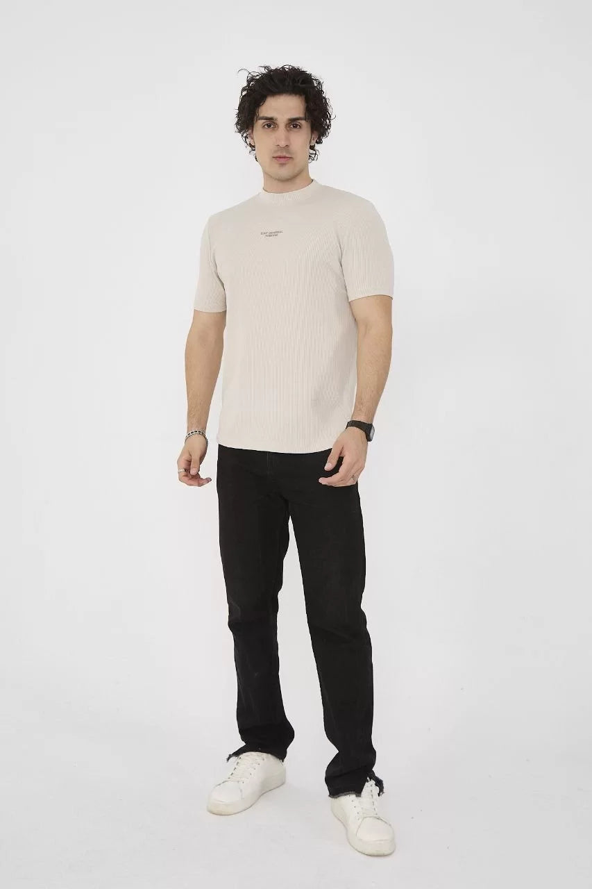 Unisex Bisiklet Yaka Slim fit T-Shirt- Bej