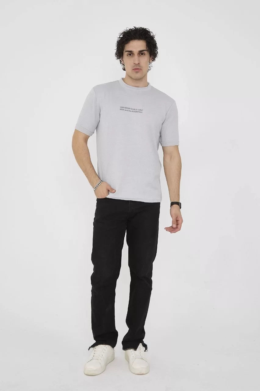 Unisex Bisiklet Yaka Slim fit T-Shirt- Boyalı Gri