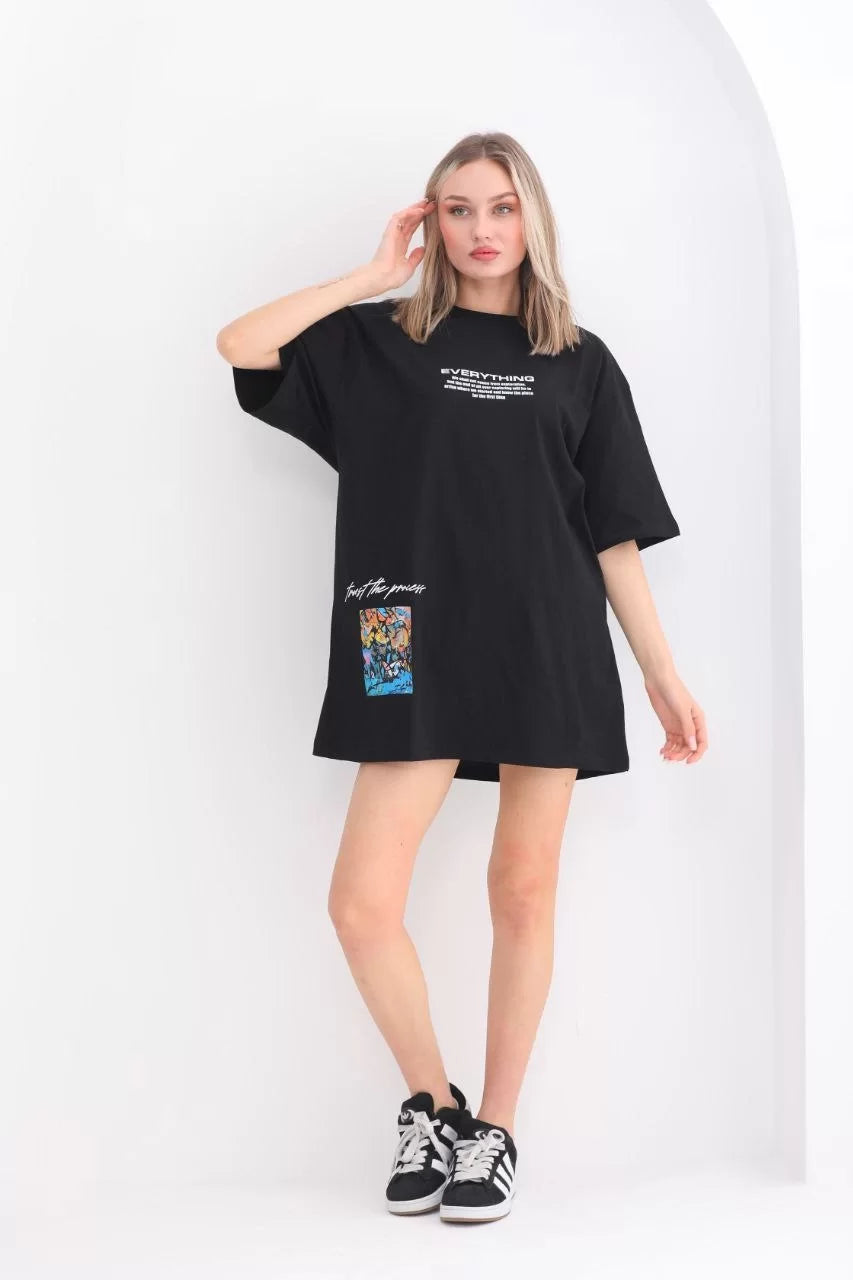 Unisex Bisiklet Yaka Baskılı Oversize T-Shirt - Siyah