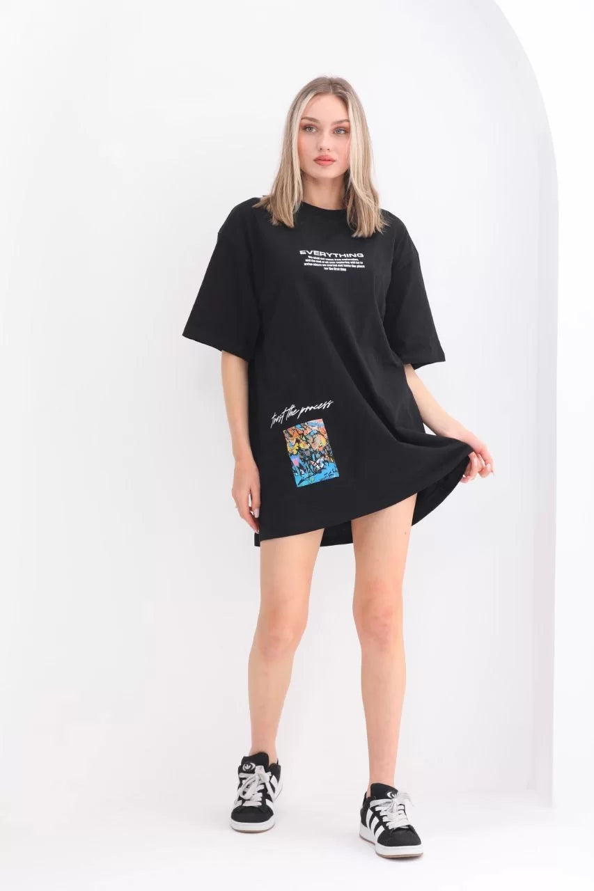 Unisex Bisiklet Yaka Baskılı Oversize T-Shirt - Siyah