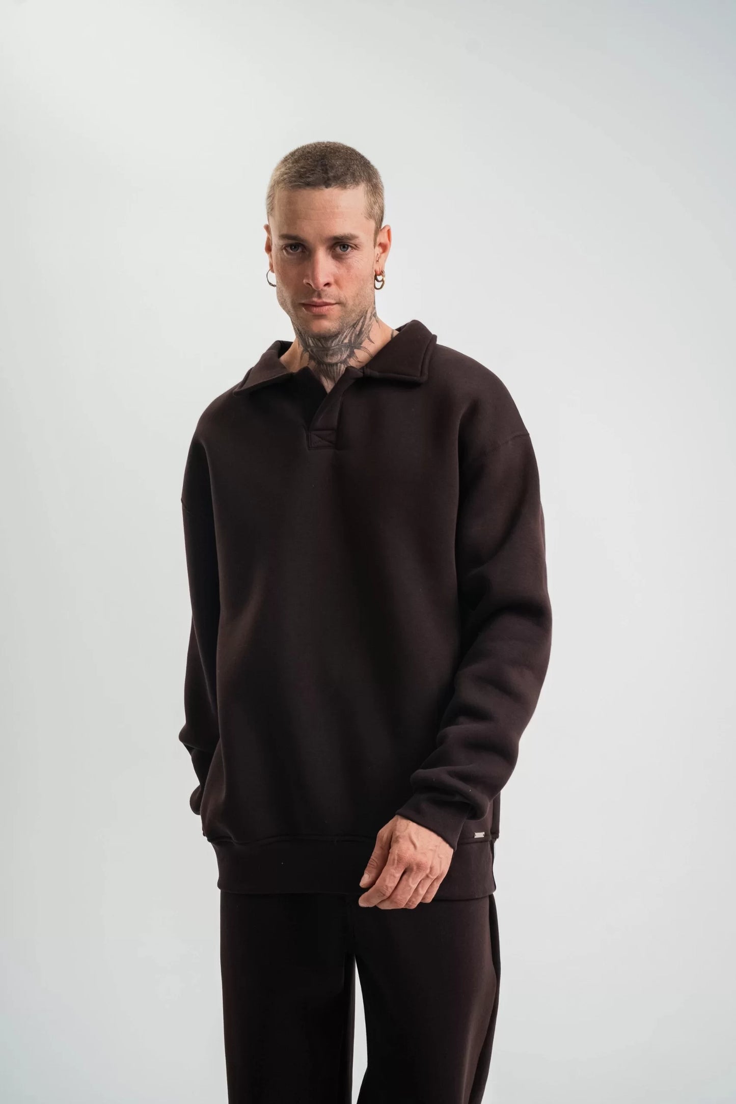 Unisex Double Oversize Patlı Yaka SweatShirt - Kahve