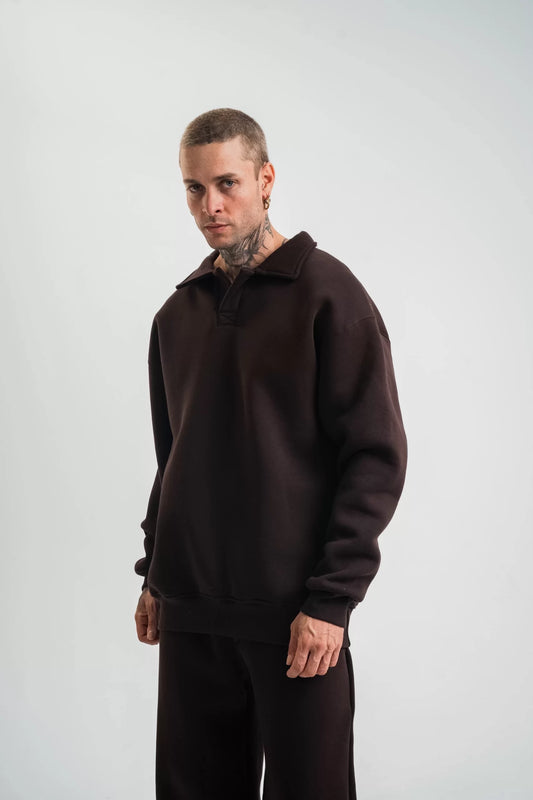 Unisex Double Oversize Patlı Yaka SweatShirt - Kahve