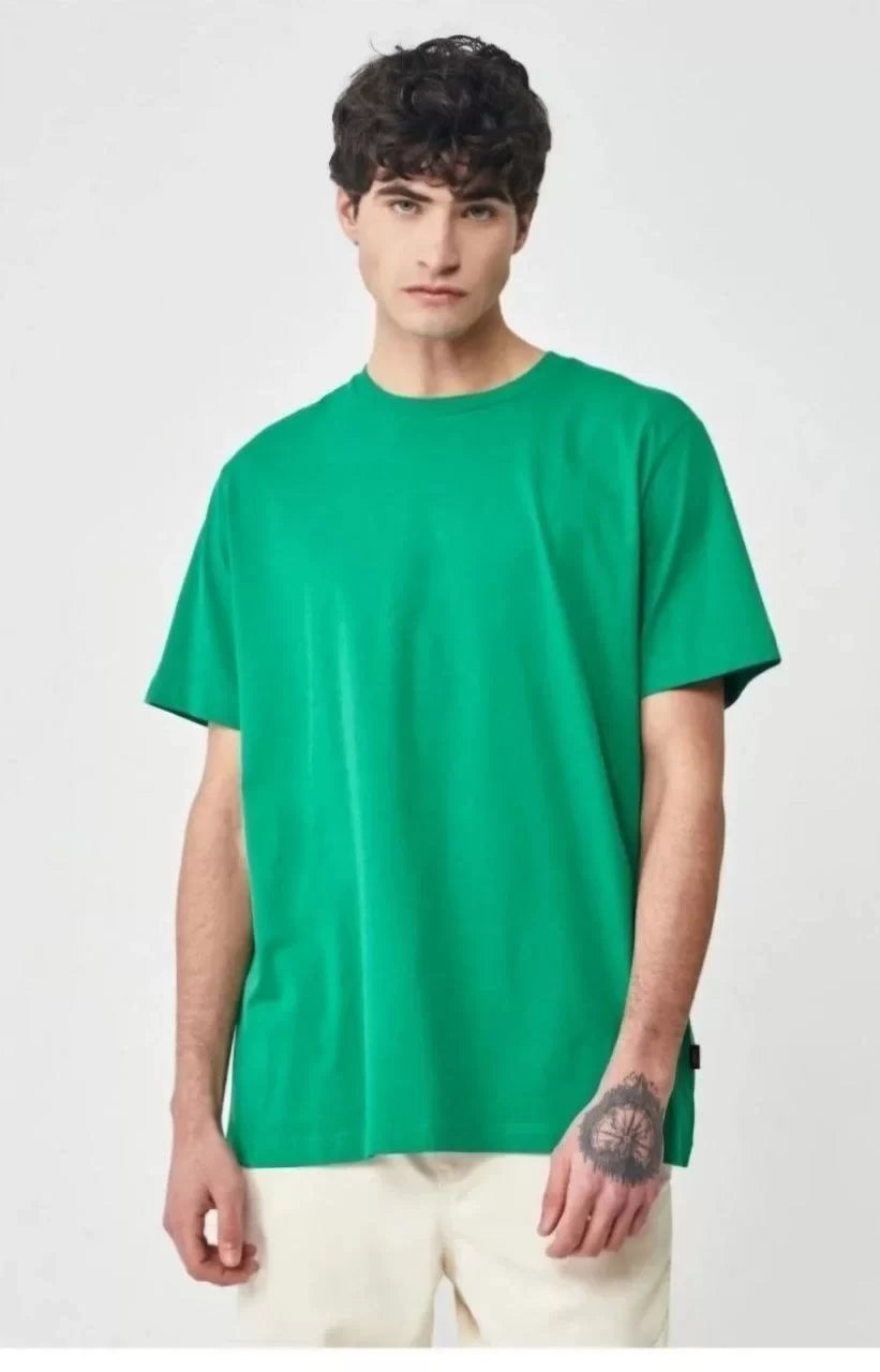 Unisex Düz Biskilet Yaka Oversize T-shirt - Yeşil