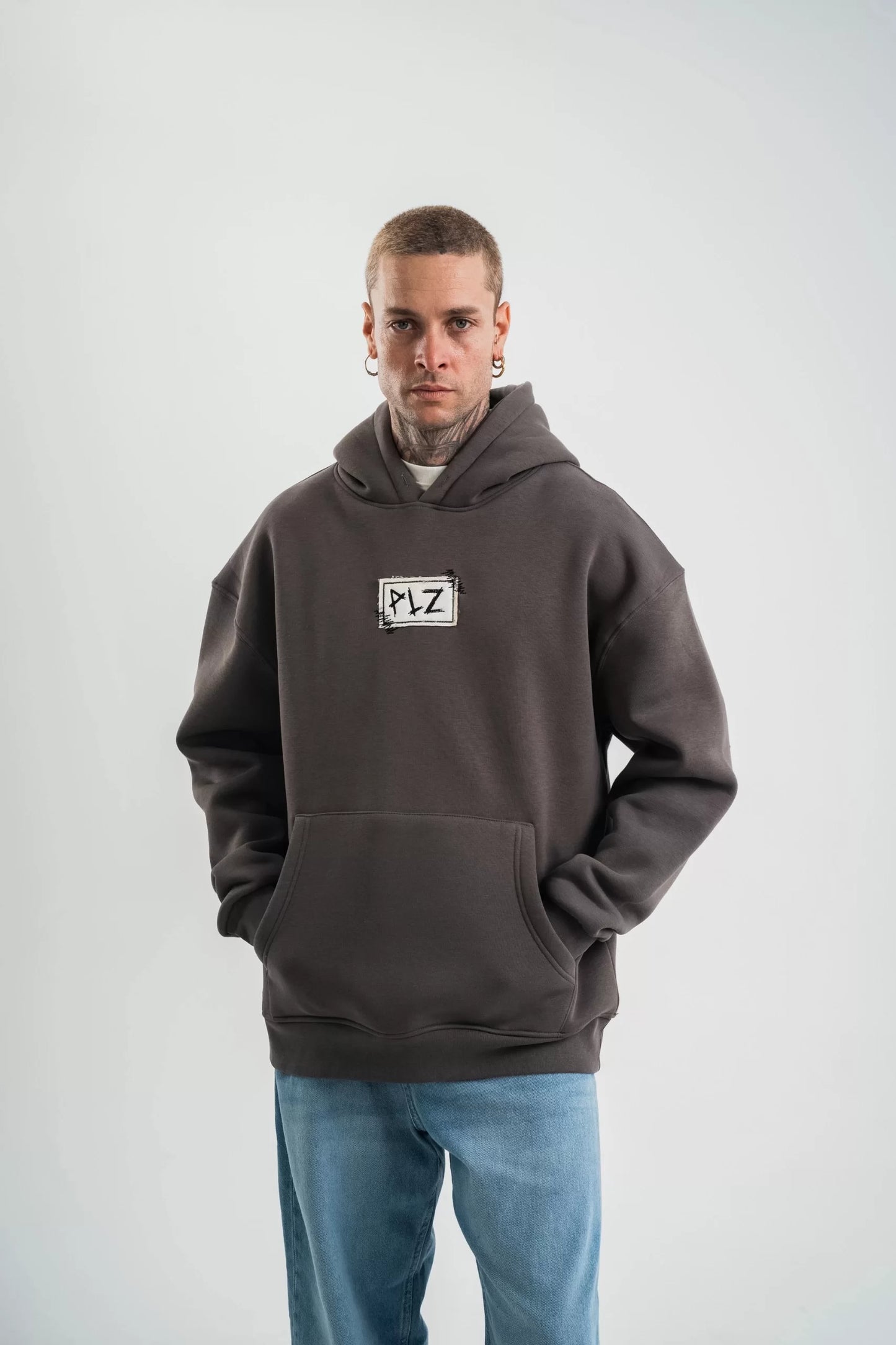 Unisex Kapşonlu Uzun Kol Patchli Nakışlı SweatShirt - Füme