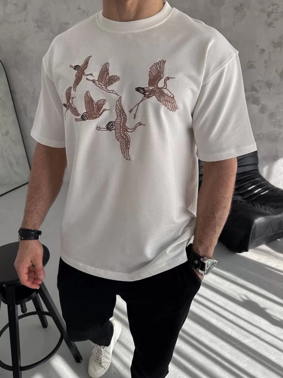 Unisex Nakış İşlemeli T-Shirt - Beyaz