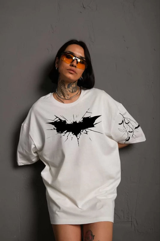 Unisex Ön ve Kol Baskılı Oversize T-shirt - Beyaz