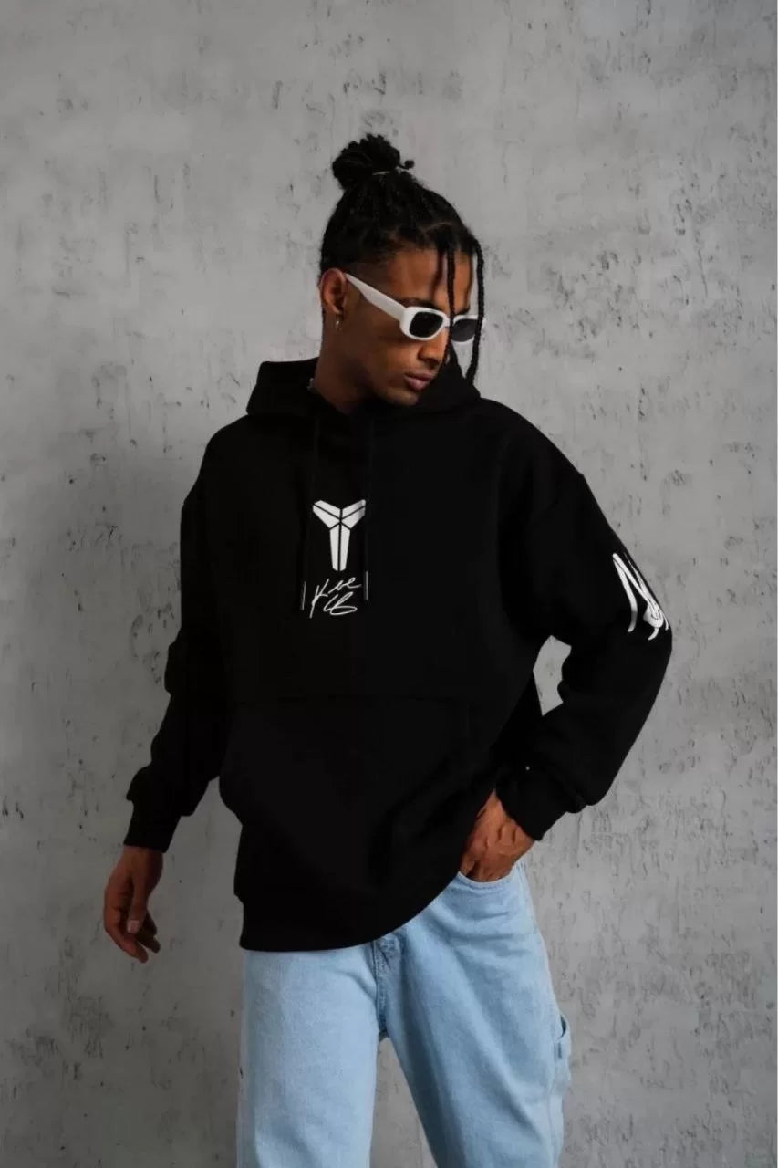 Unisex Sırt Baskılı Kapüşonlu Üç İplik Oversize Sweatshirt - Siyah