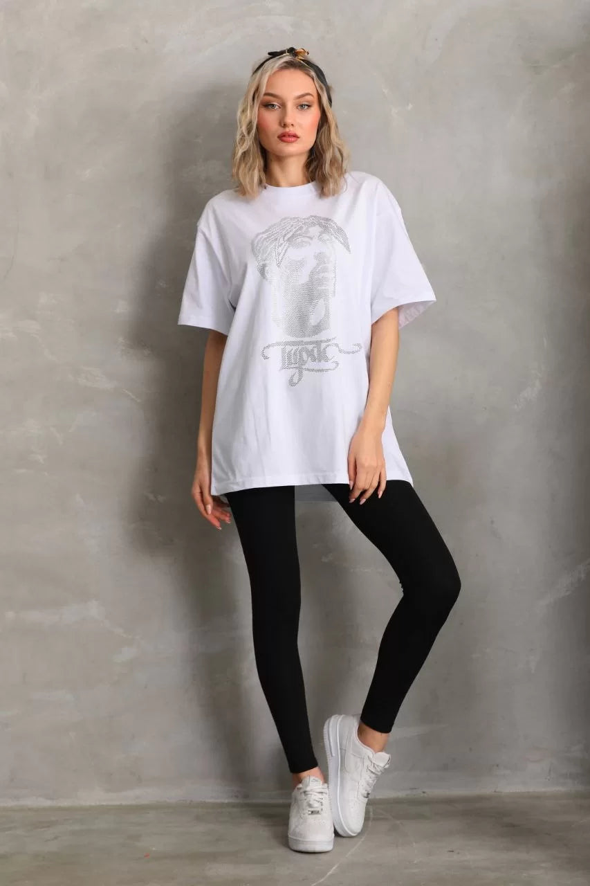 Unisex Taş Desenli Oversize T-Shirt - Beyaz