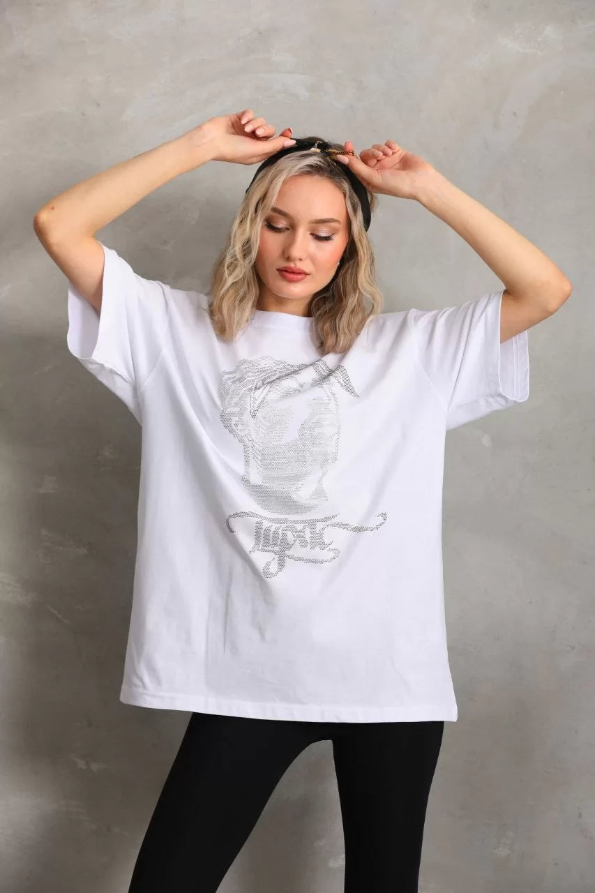 Unisex Taş Desenli Oversize T-Shirt - Beyaz