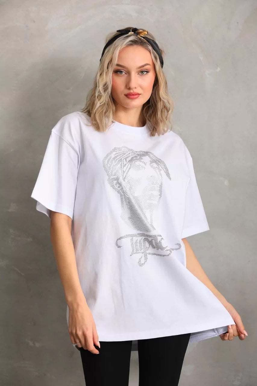 Unisex Taş Desenli Oversize T-Shirt - Beyaz