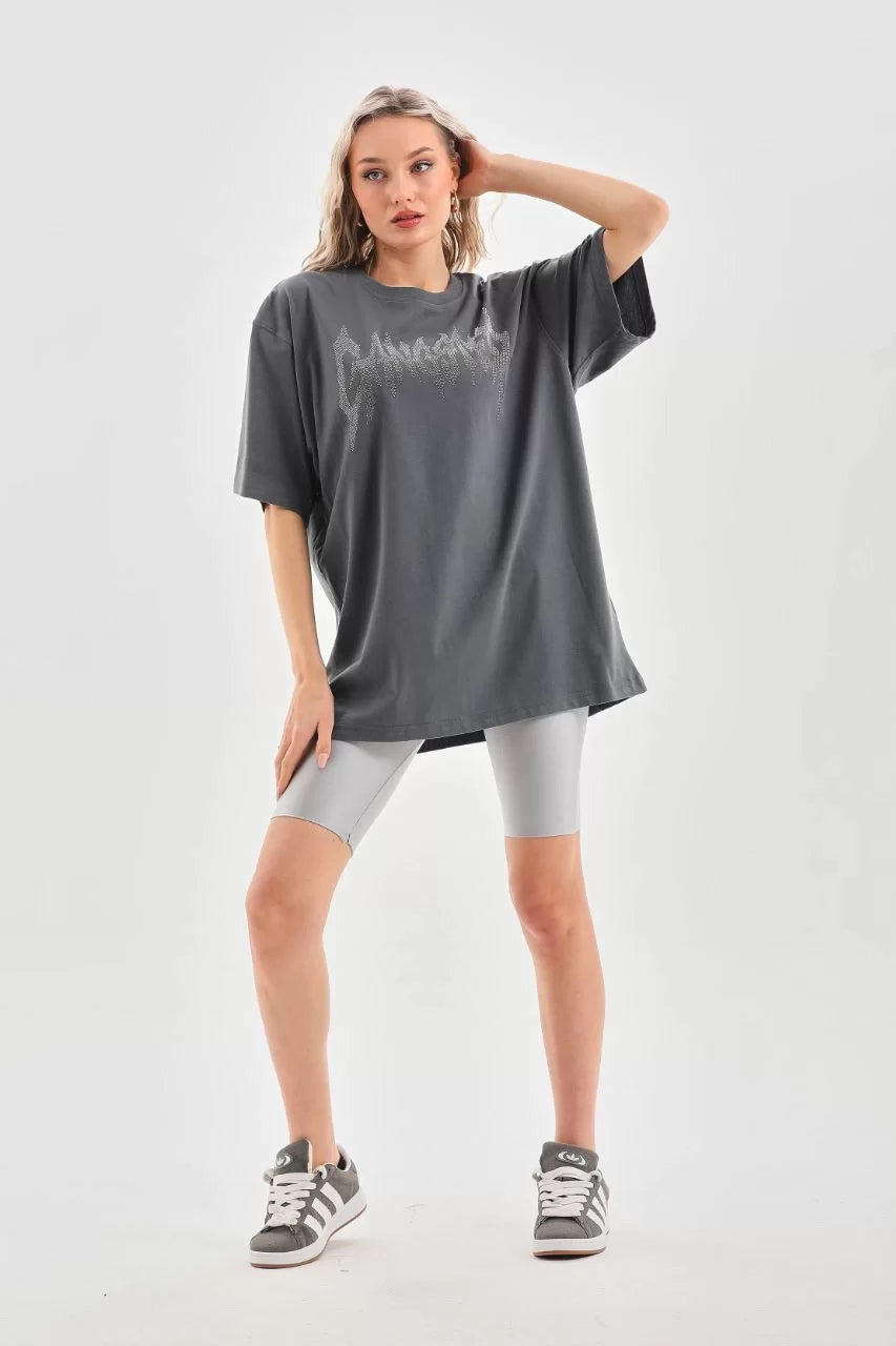 Unisex Taş Desenli Oversize T-Shirt - Füme