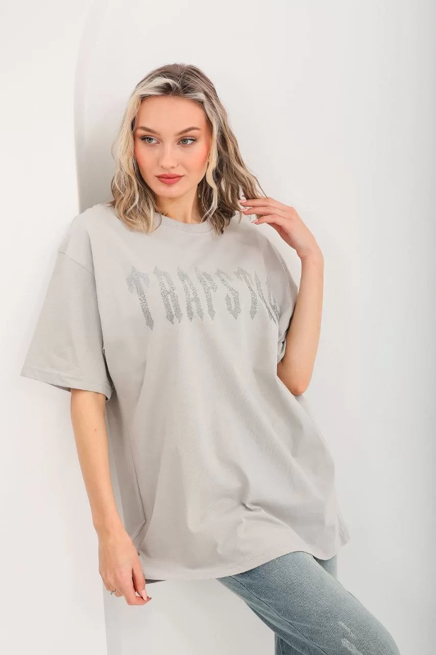 Unisex Taş Desenli Oversize T-Shirt - Gri