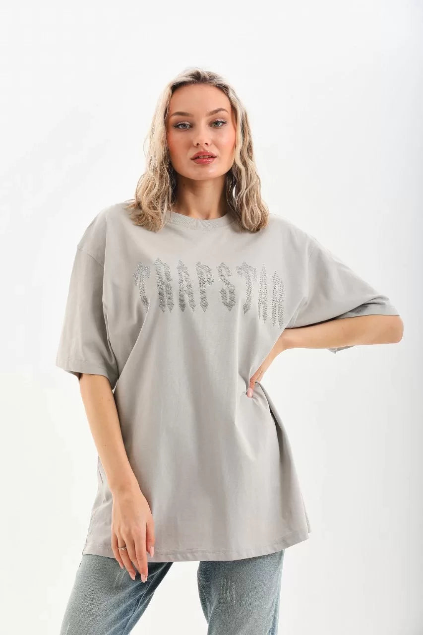 Unisex Taş Desenli Oversize T-Shirt - Gri