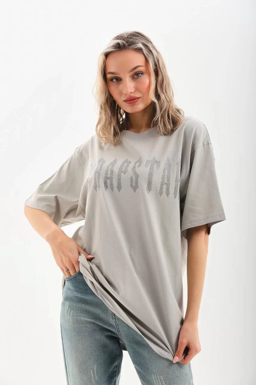 Unisex Taş Desenli Oversize T-Shirt - Gri