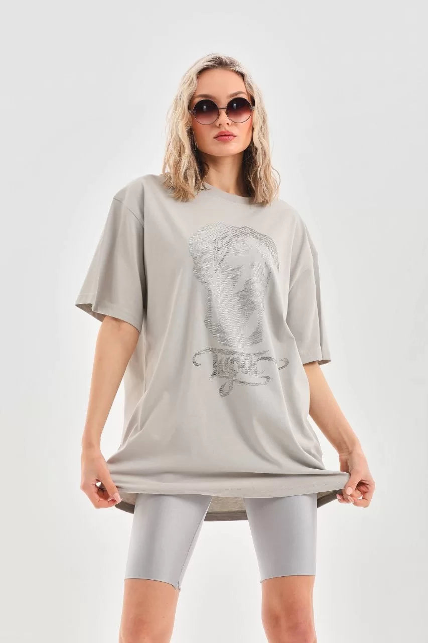 Unisex Taş Desenli Oversize T-Shirt - Gri