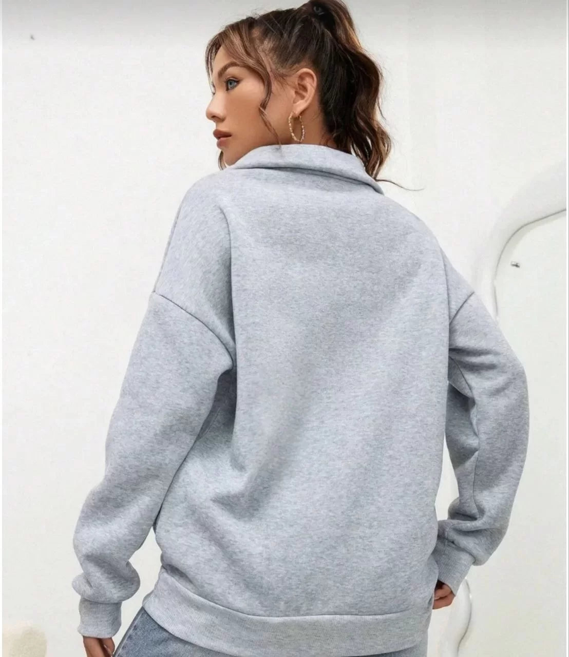 Unisex Uzun Kol Yarım Farmuarlı Yakalı Basic SweatShirt - Gri