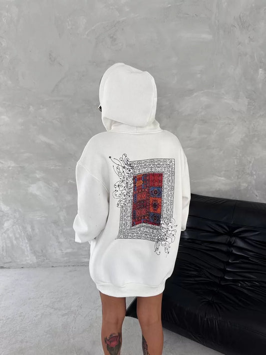 Uzun Kol Kapşonlu Ön Ve Arka Baskılı SweatShirt - Beyaz